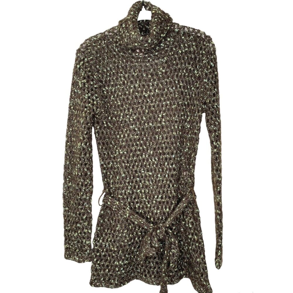 Free People Y2K Crochet Sweater (Sz S/M) Vtg Open Mohair Turtleneck Brown Tunic